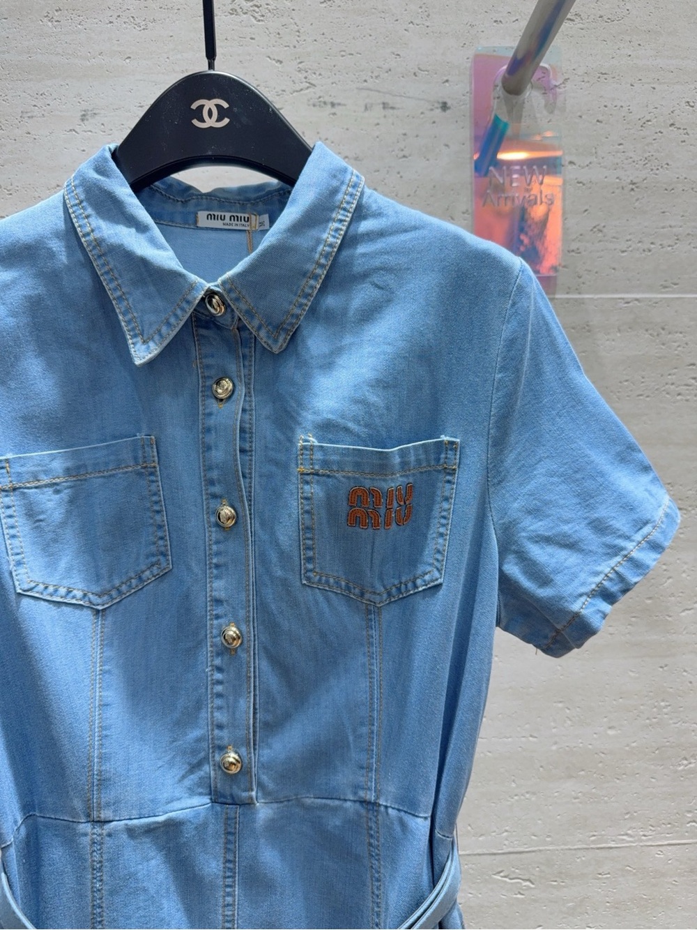 MIUMIU Light Blue Denim Shirt Dress with Belt - Picture 3 of 8